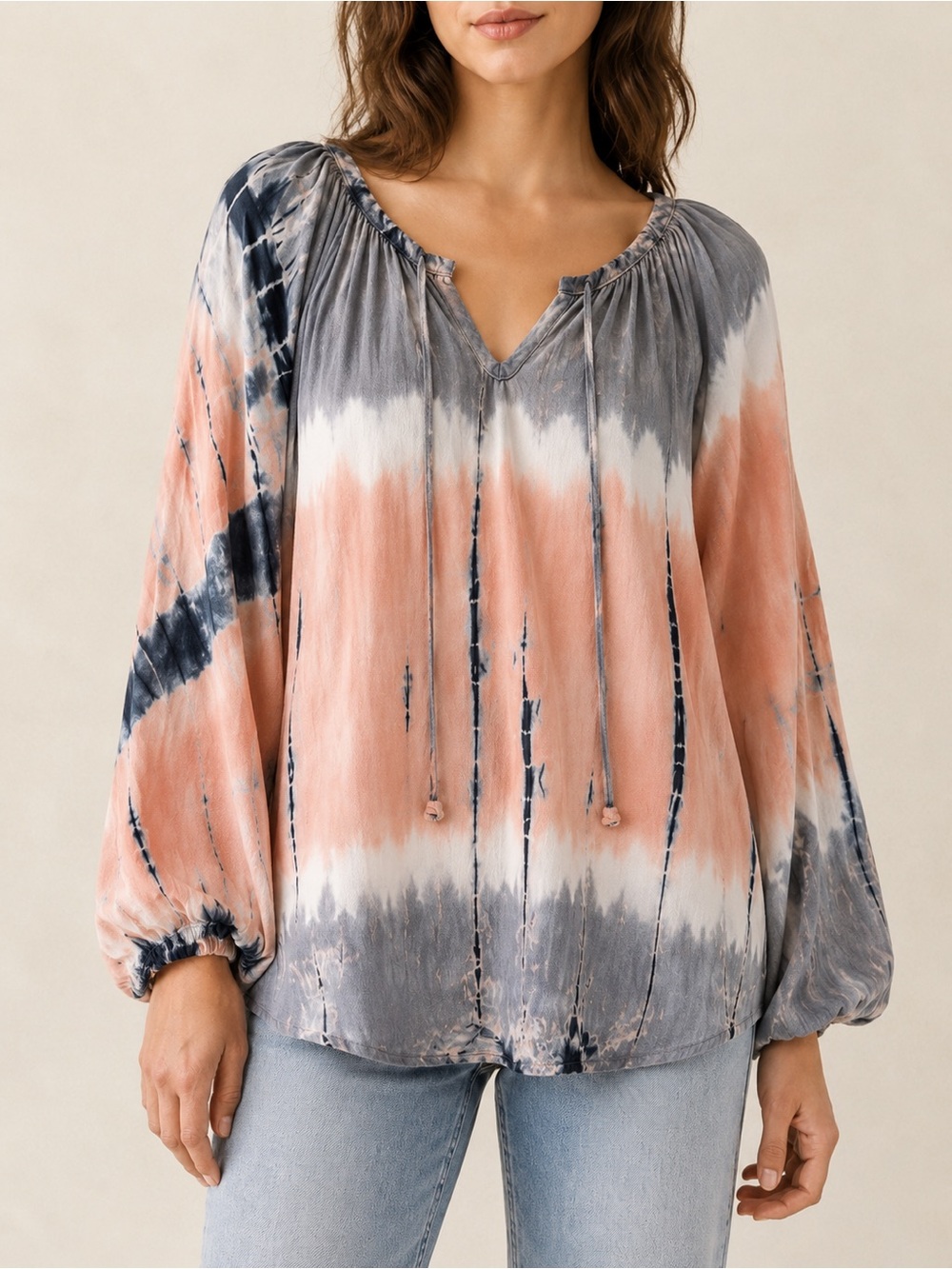 Promesa Tie Dye Peasant Blouse L Pink Gray Rayon Long Sleeve Cottagecore